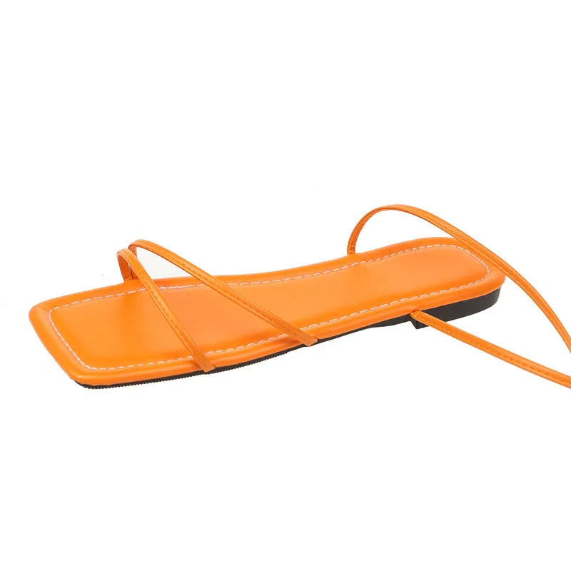 Women's ankle ring bandage cloth flat sandals with square toe design and front lace-up fastening