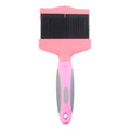 Blue double-sided dog grooming brush with stainless steel pins and ergonomic non-slip handle on a white background.