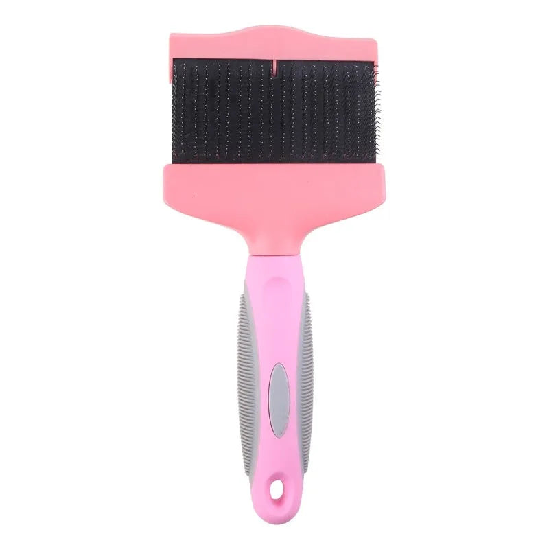 Blue double-sided dog grooming brush with stainless steel pins and ergonomic non-slip handle on a white background.
