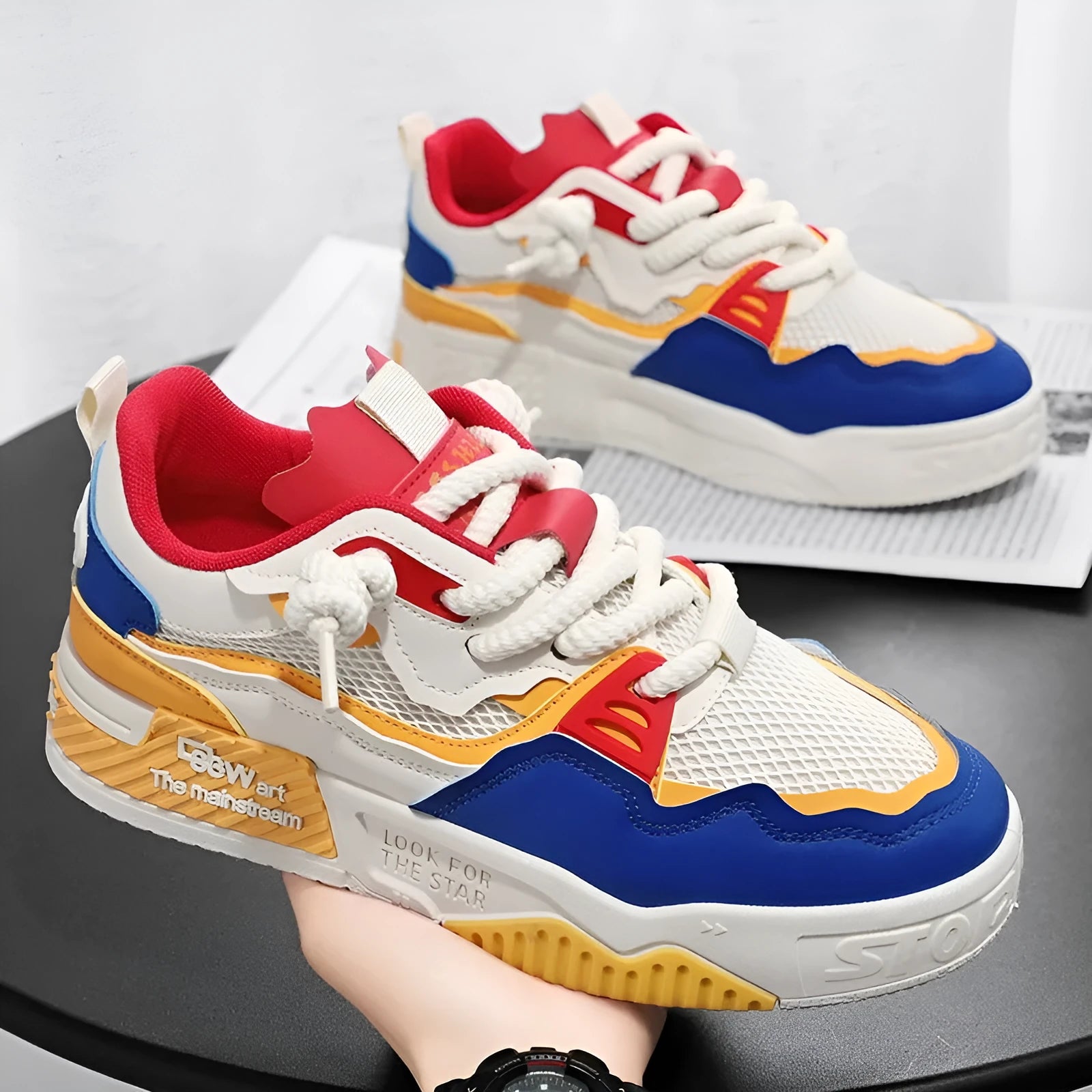 Men's white board shoes with rubber soles in low-top design showing beige, white/yellow, and white/black colour options