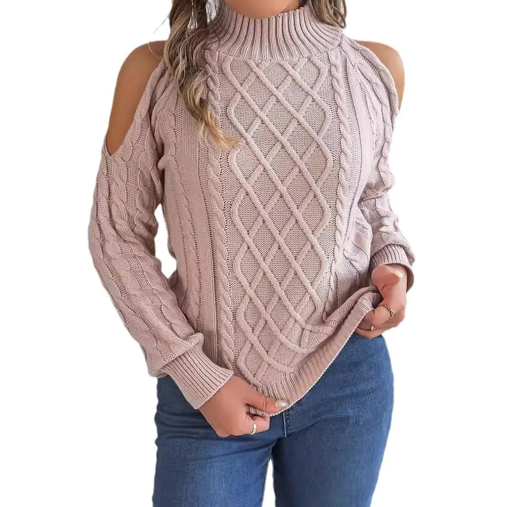 Women's twisted pattern acrylic sweater with lantern sleeves and strapless half-high collar in grey colour