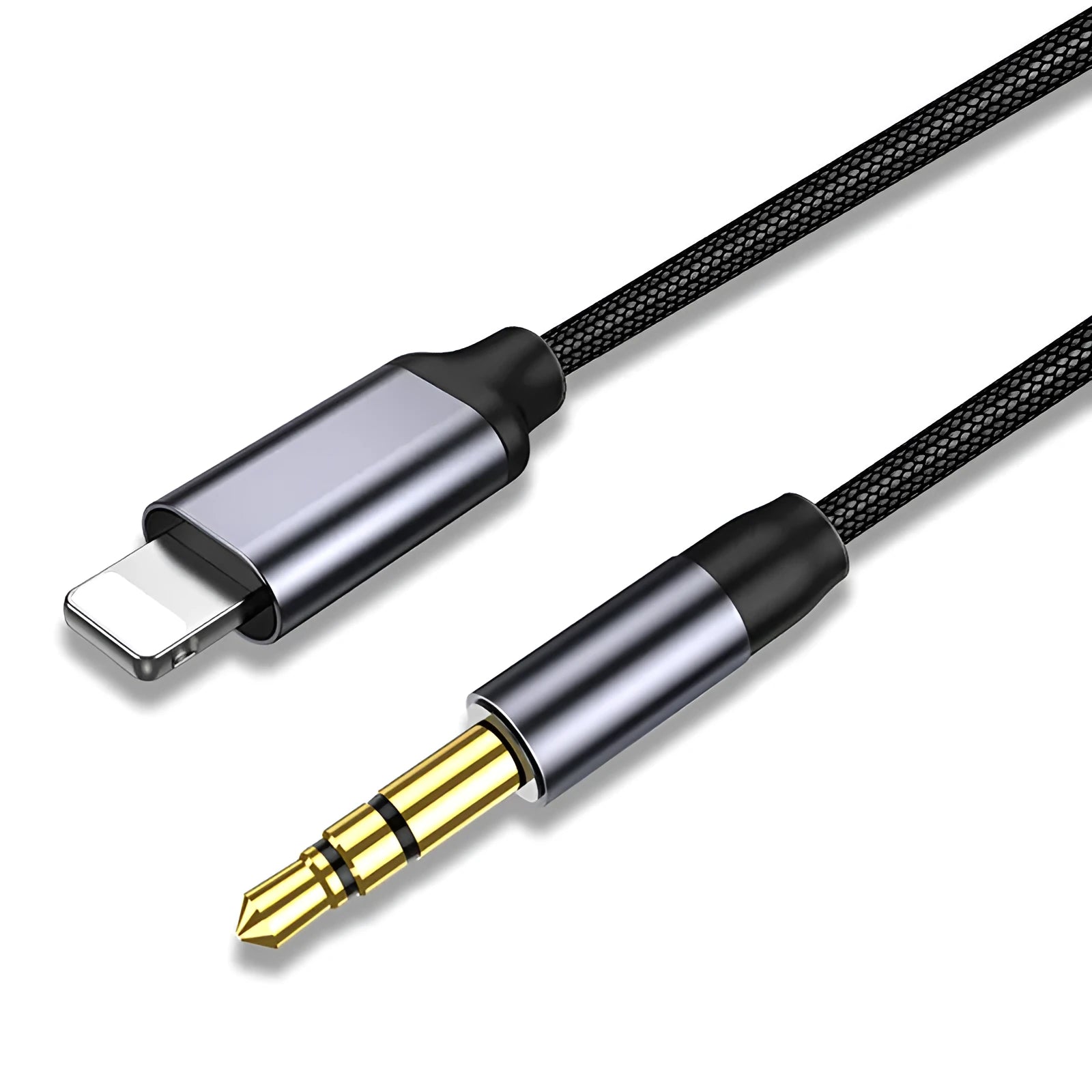 Black and silver nylon-braided 3.5mm audio auxiliary cable on a white background.