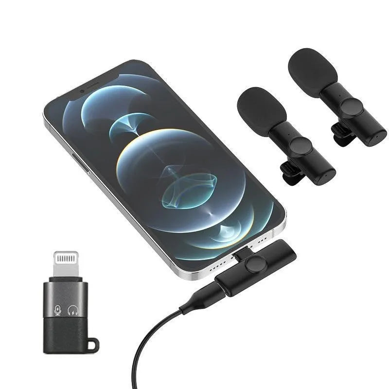 Wireless collar clip microphone for smartphones, showing clip design and available connection options.