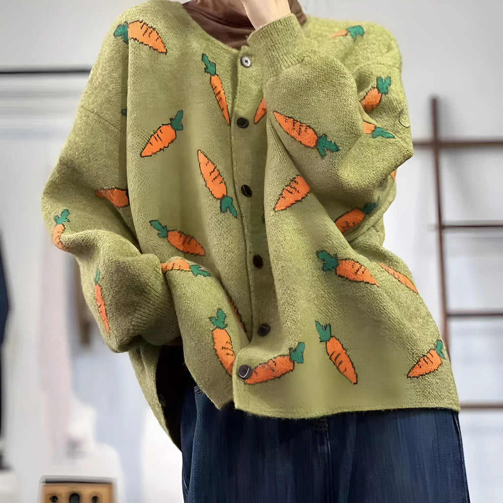 Round neck viscose cardigan with artistic colour contrast printing and loose street fashion fit