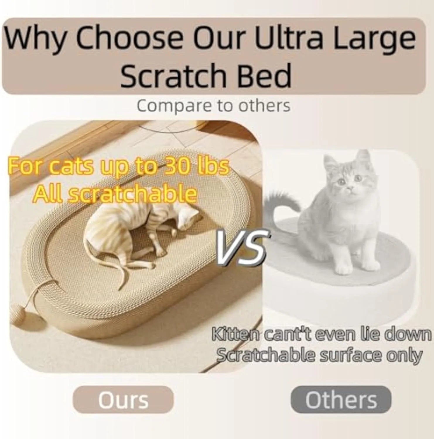 Large rectangular sisal cat scratching board with a raised cat bed lounge on top.