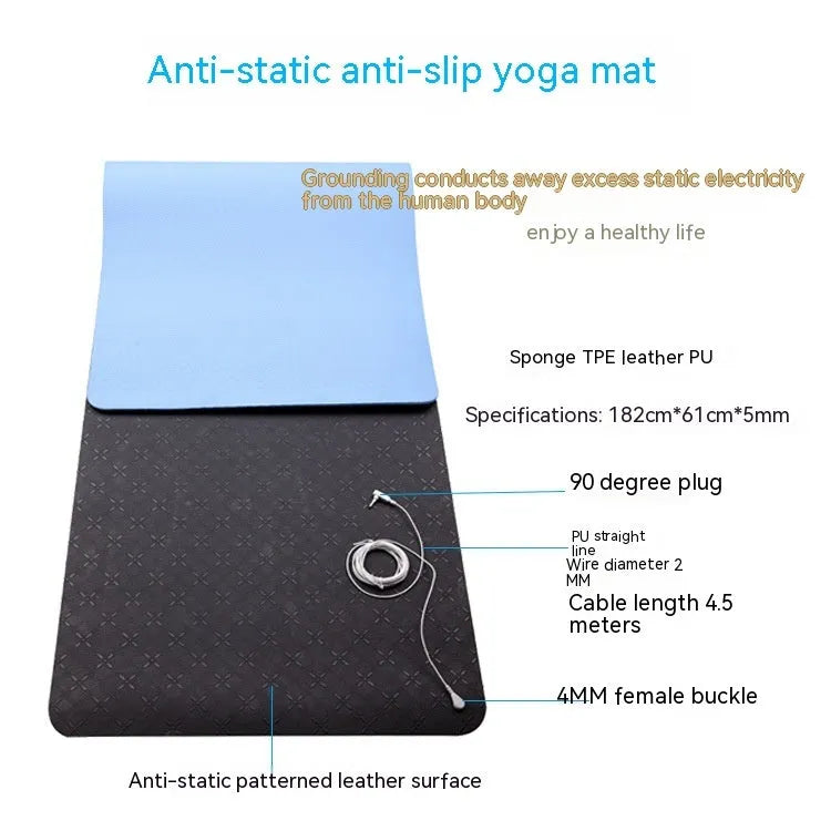 Blue conductive yoga mat with botanical pattern and integrated grounding wire