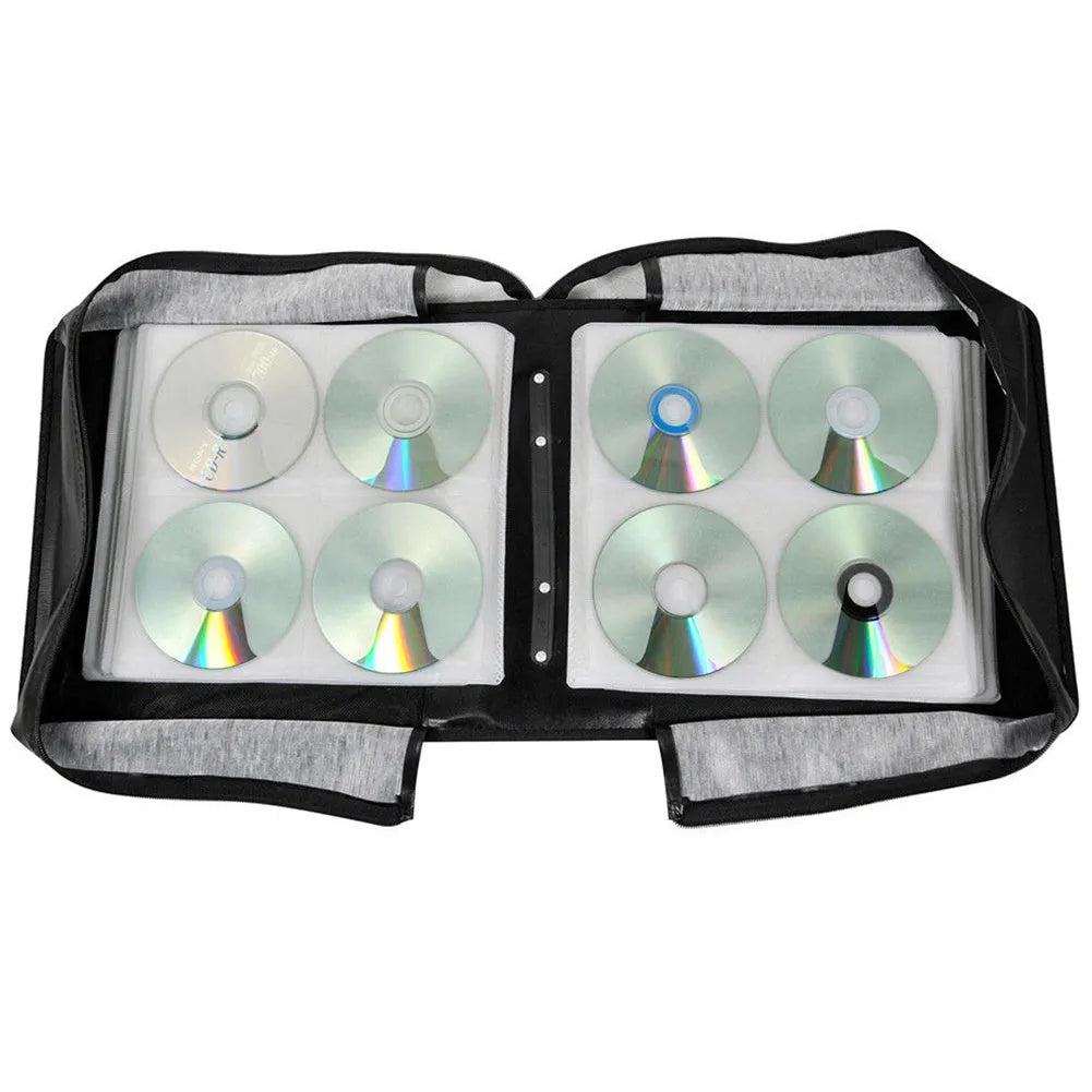 Black Oxford fabric CD storage organiser bag with zipper closure and top carry strap.