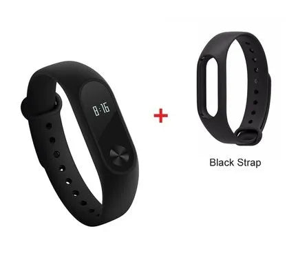 Xiaomi Mi Band 2 black fitness band with OLED screen showing heart rate data on a wrist.