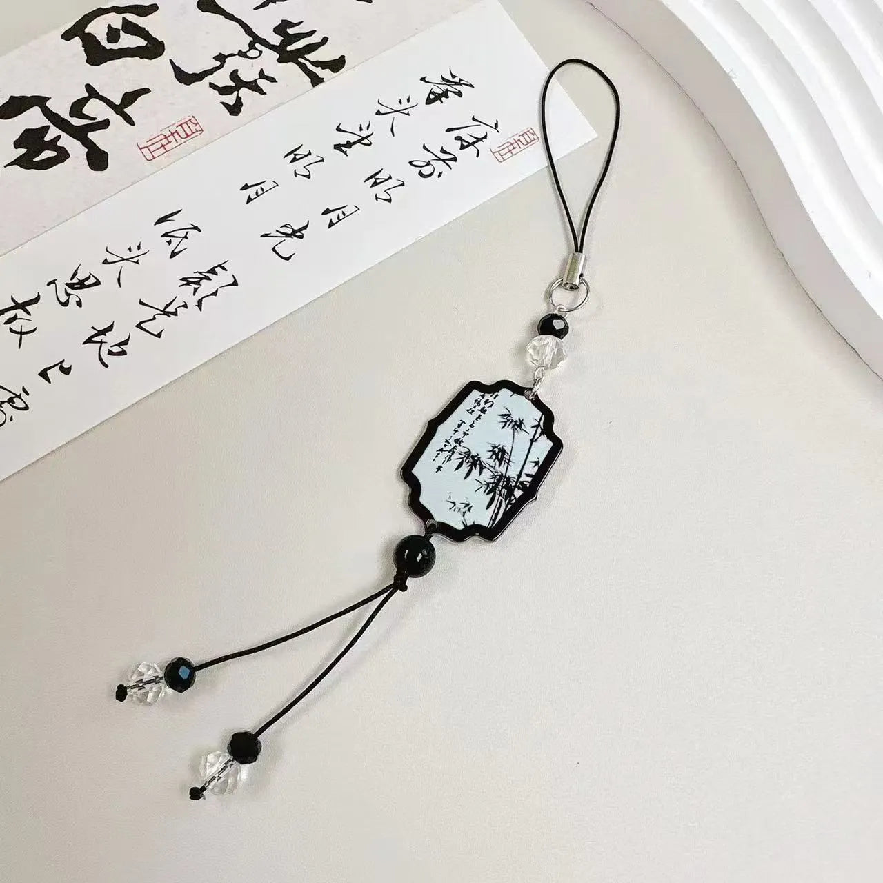 Chinese style Guofeng floral bead pendant keychain with baking varnish finish in Fan or Poetry colour.