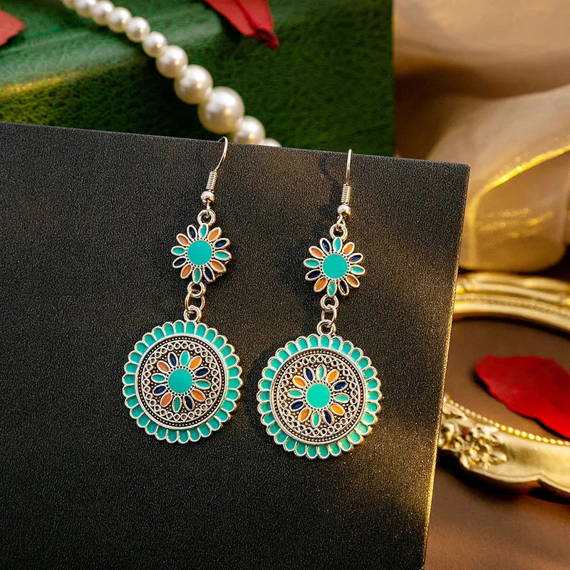 Exaggerated retro bohemian round sunflower earrings in blue and green alloy for women