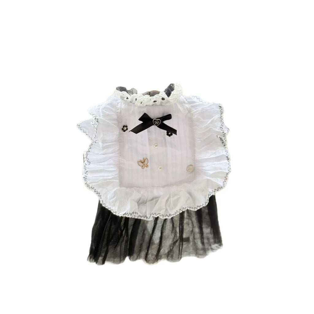 White polyester waltz gauze skirt dog clothing shown on a model, with size chart for XS to XL.