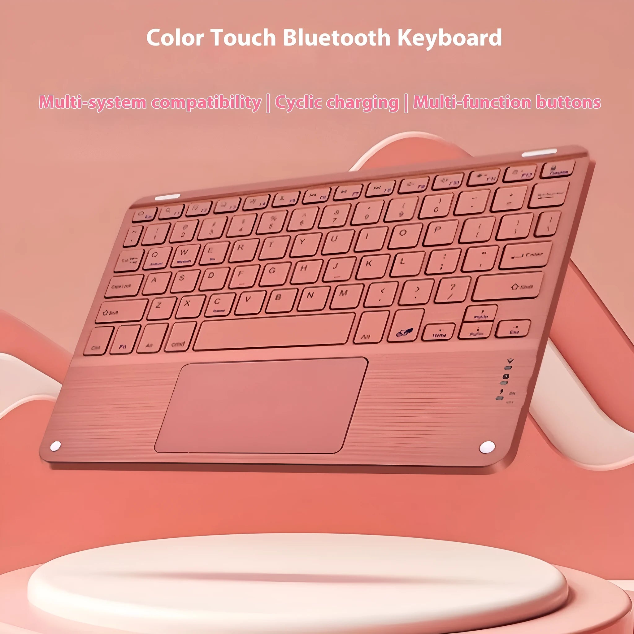 Square hat touch Bluetooth wireless charging keyboard showing full colour illumination in one of eight available colour options