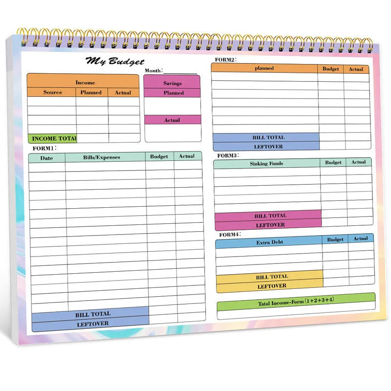 B5 size budget tally notebook with blue PP plastic cover and spiral binding, open on a table.