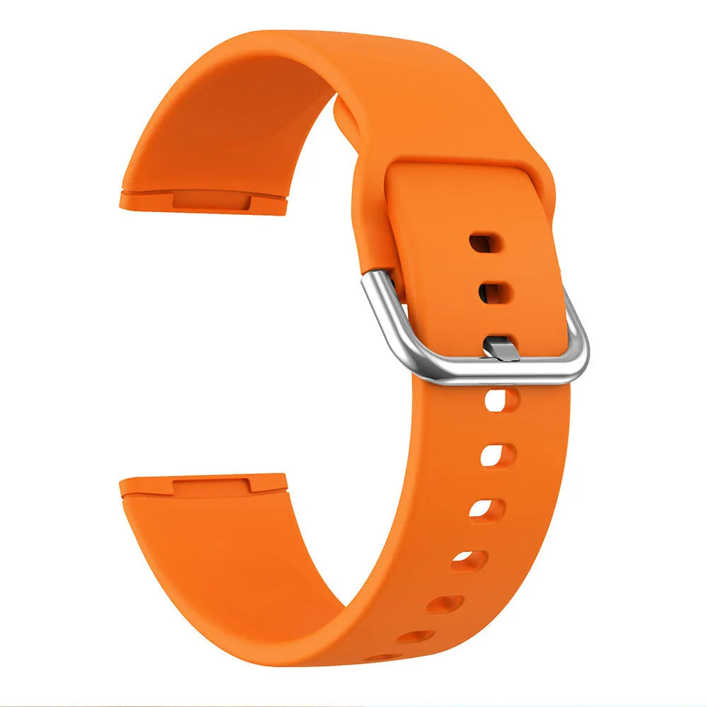 Solid colour silicone replacement strap with silver buckle for Fitbit Versa 3 and Sense 2 smartwatches.