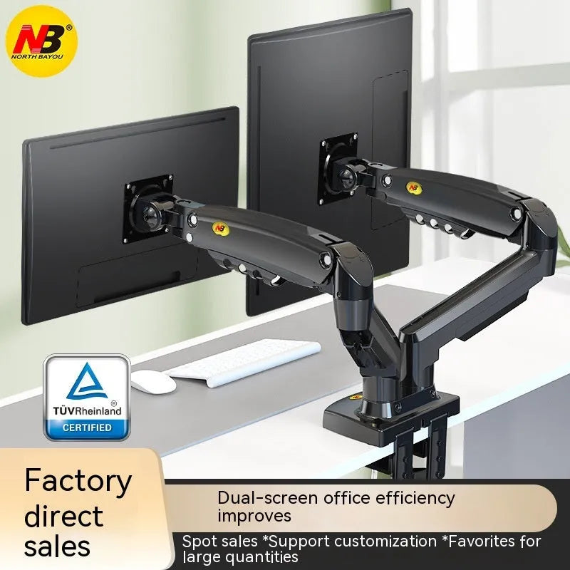 Dual screen monitor bracket with lifting adjustment mechanism showing VESA mounting holes