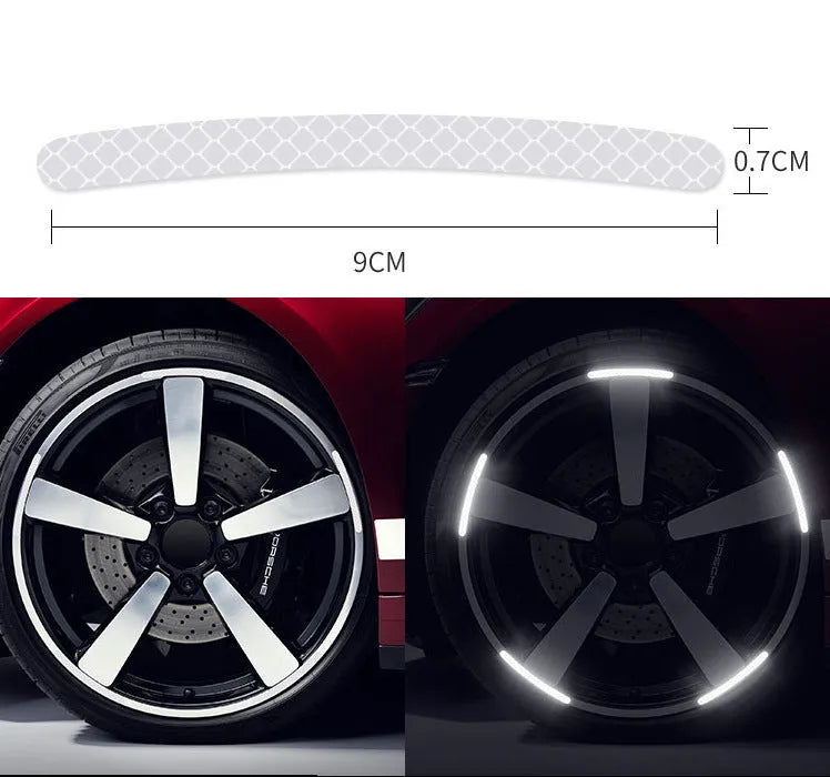 20PCs car wheel hub reflective sticker set showing arc pattern design on PVC material