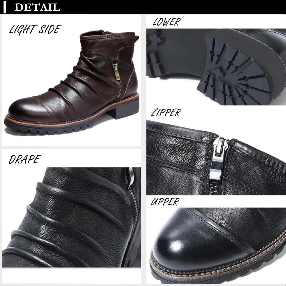 Men's black cowboy boots with side zipper and embossed PU upper