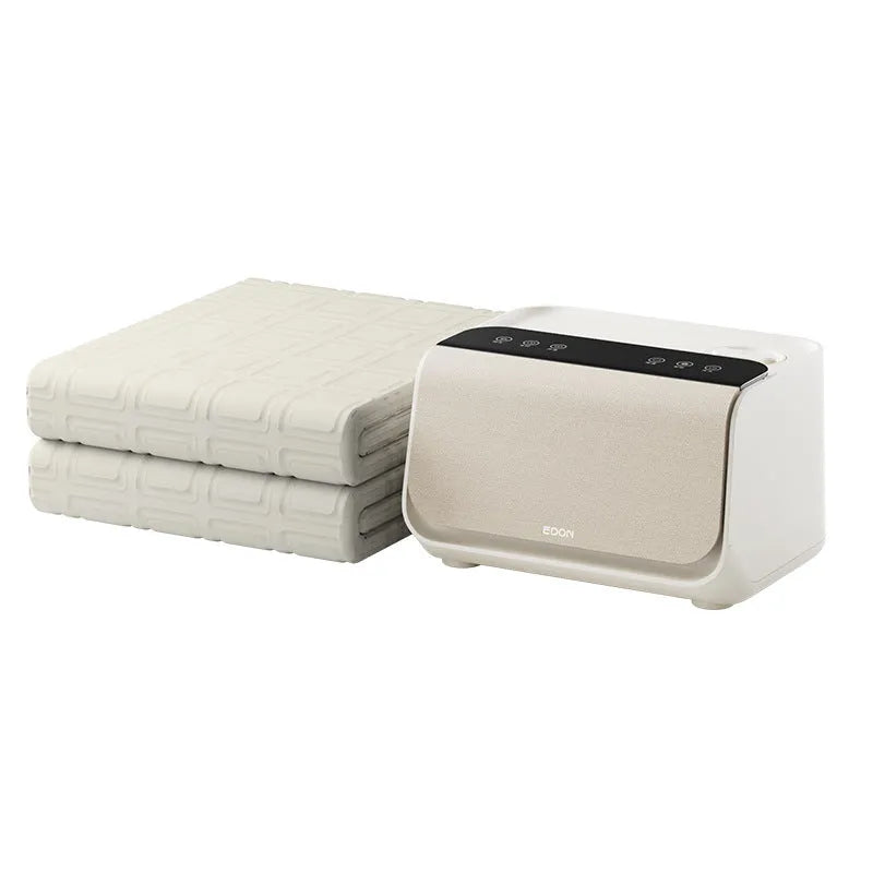 Large white electric water heating blanket with plush surface and separate smart host unit.