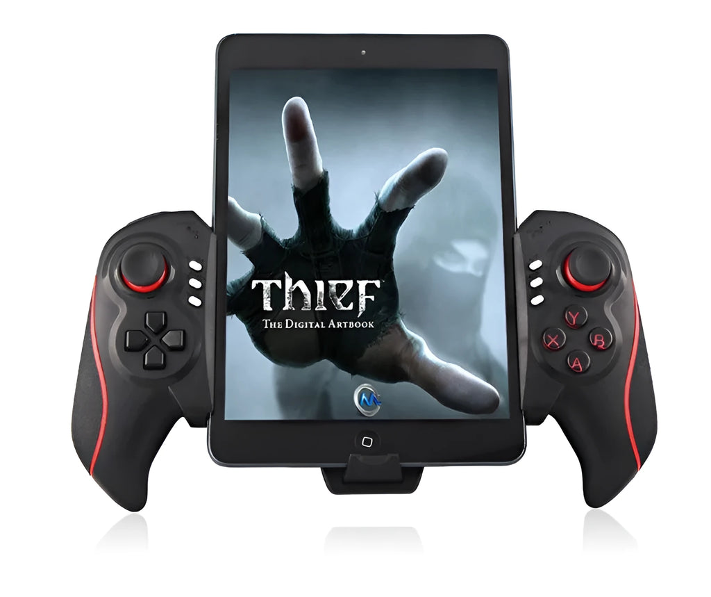 PG-9023 black wireless telescopic gamepad controller holding a smartphone, showing joysticks and buttons.