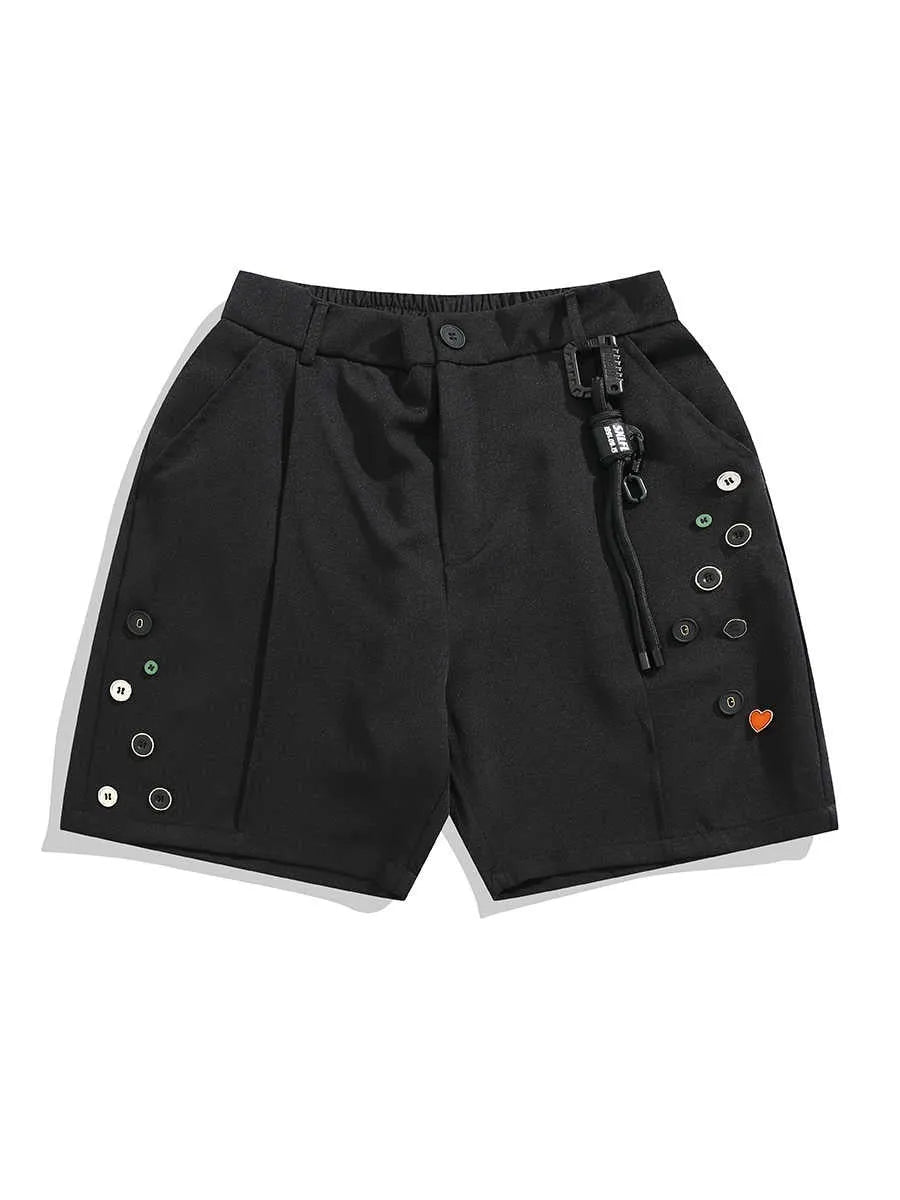 Black men's casual shorts with a semi-elastic waistband, zip fly, and straight-leg loose fit.