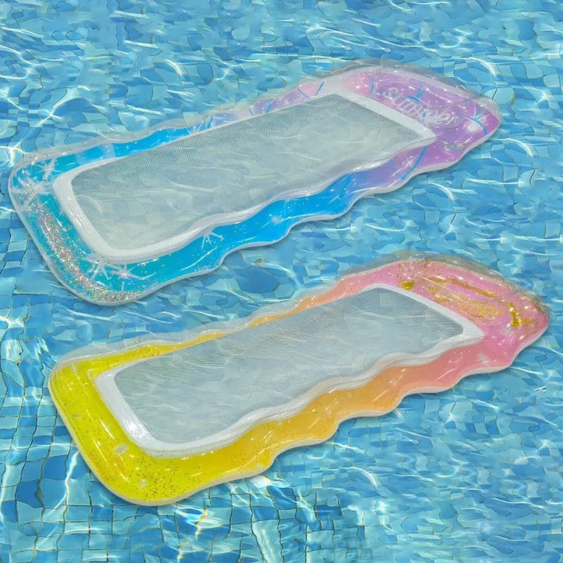PVC inflatable floating row pool lounger in a mesh deck chair design with bright gradient colour wave.