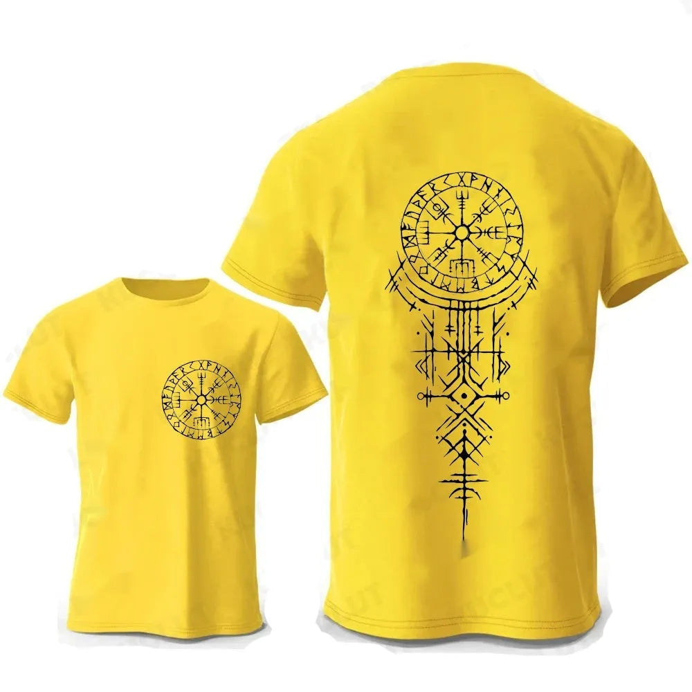 Men's Viking rune compass graphic T-shirt on pure cotton with smiling face design