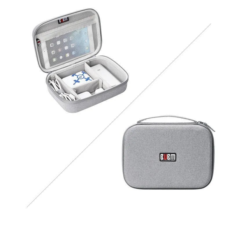 Black EVA digital storage bag for headphones and tech accessories with organisational compartments