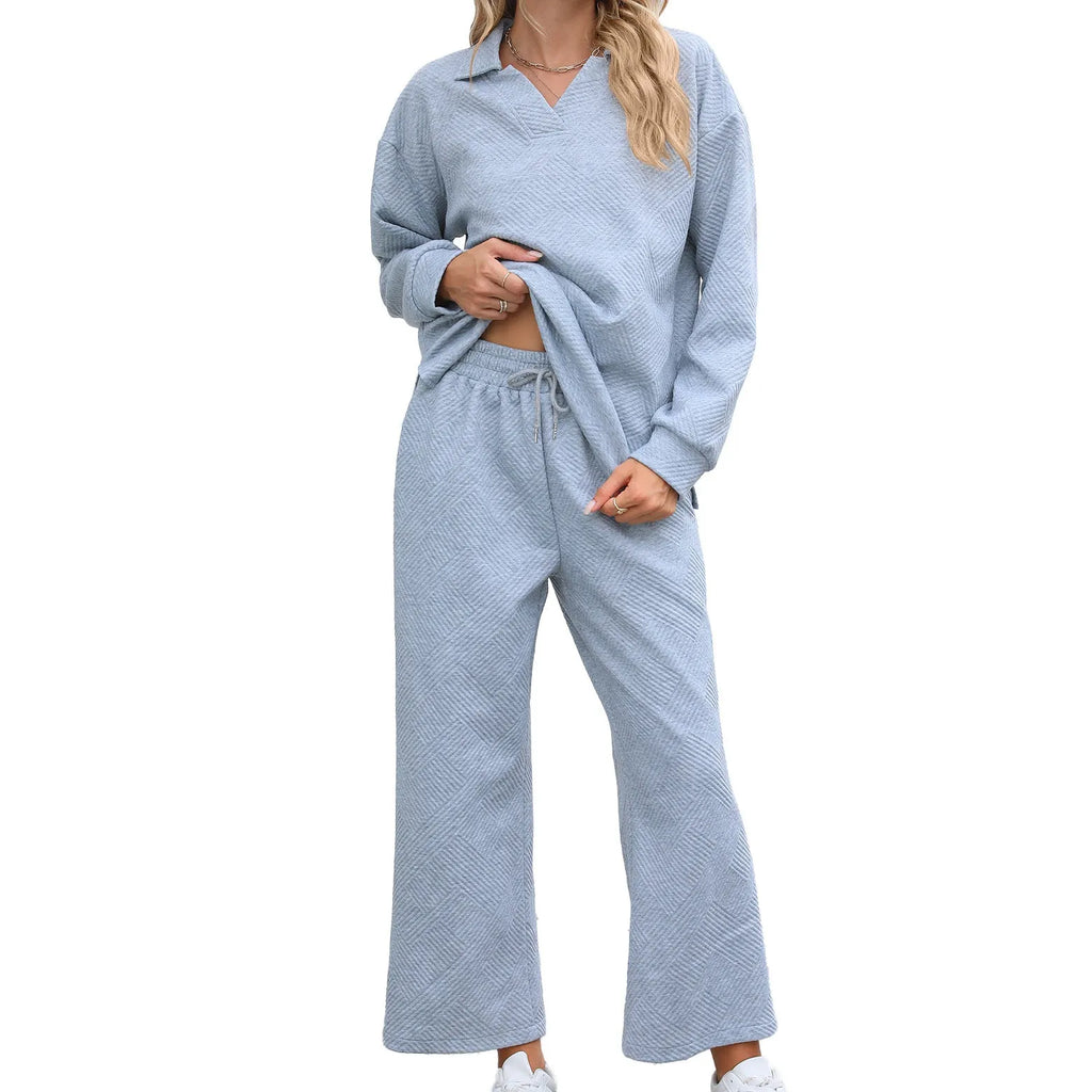 Women's knit suit set with geometric jacquard pattern sweater and elastic waist cropped pants