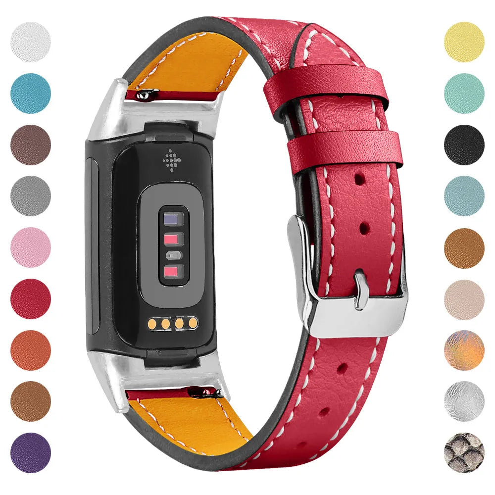 Genuine cowhide leather replacement strap for Fitbit Charge 5 and Charge 6 smartwatch in multiple colours.