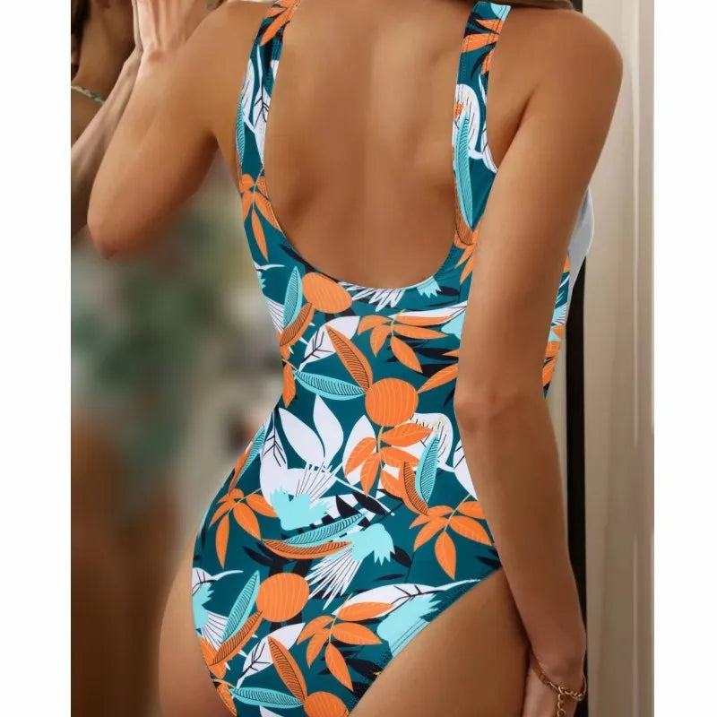 Women's high waist one-piece bikini swimsuit in printed polyester fabric