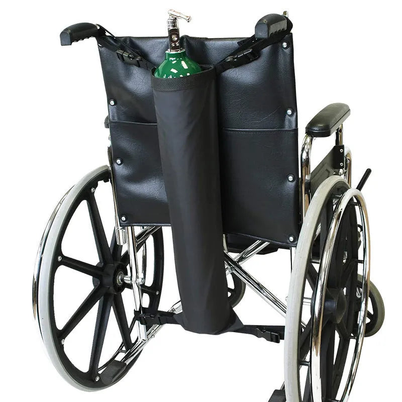 Black wheelchair pannier bag designed for oxygen cylinder transport with cylindrical shape and 600D Oxford cloth construction