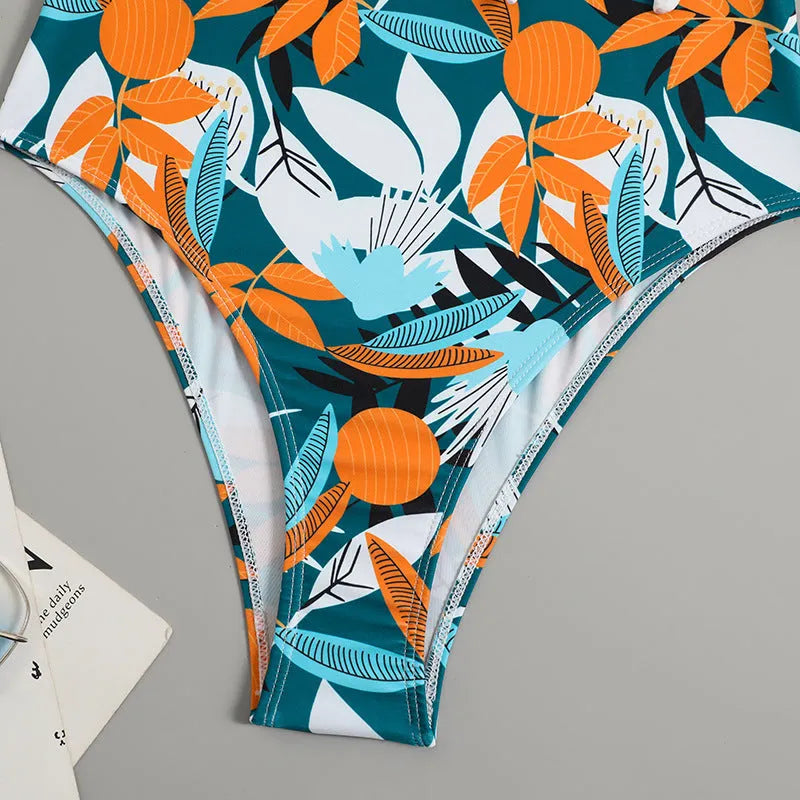 Women's high waist one-piece bikini swimsuit in printed polyester fabric