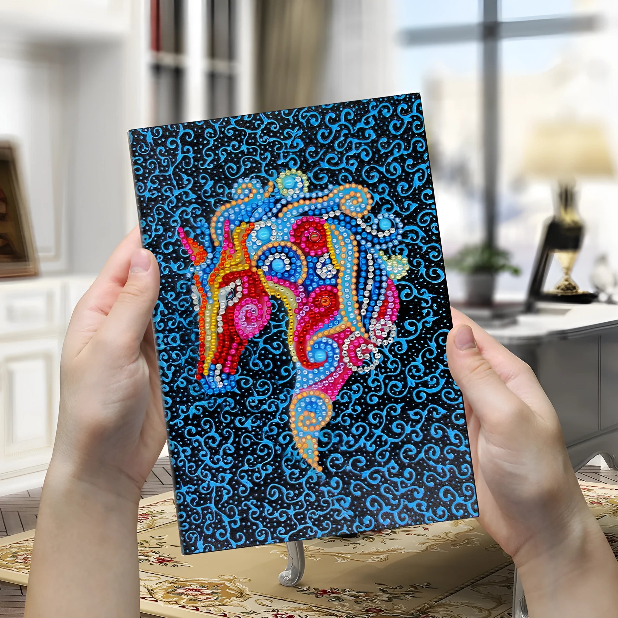 Blue A5 diamond painting notebook with sparkle cover, 142x207x8mm, 50 pages