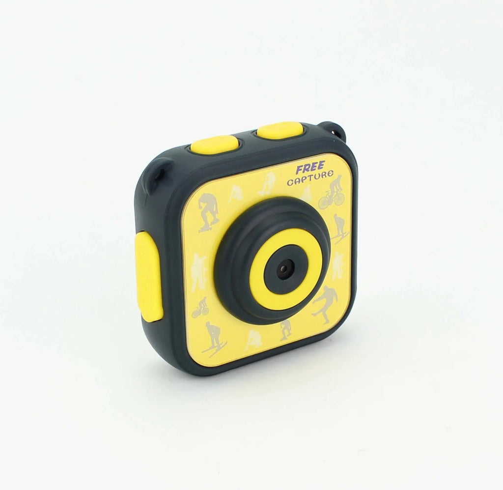 Yellow children's waterproof sports camera with 1.77-inch screen showing outdoor scene
