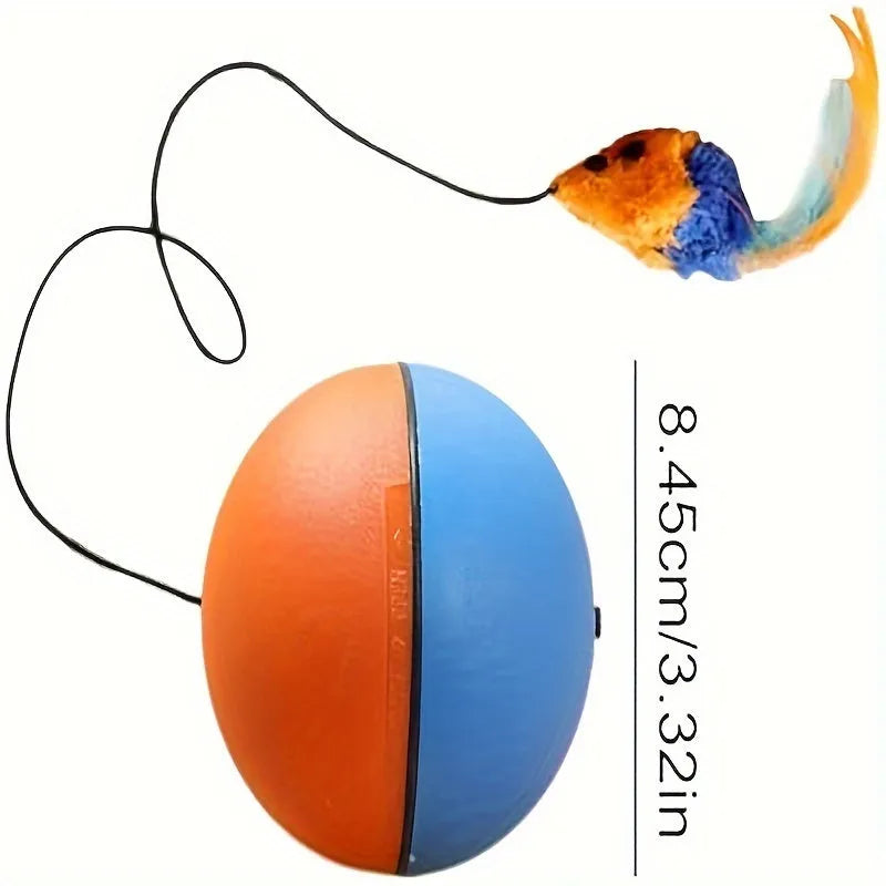 Blue and orange interactive cat toy ball with plush mouse attachment measuring 8.5cm