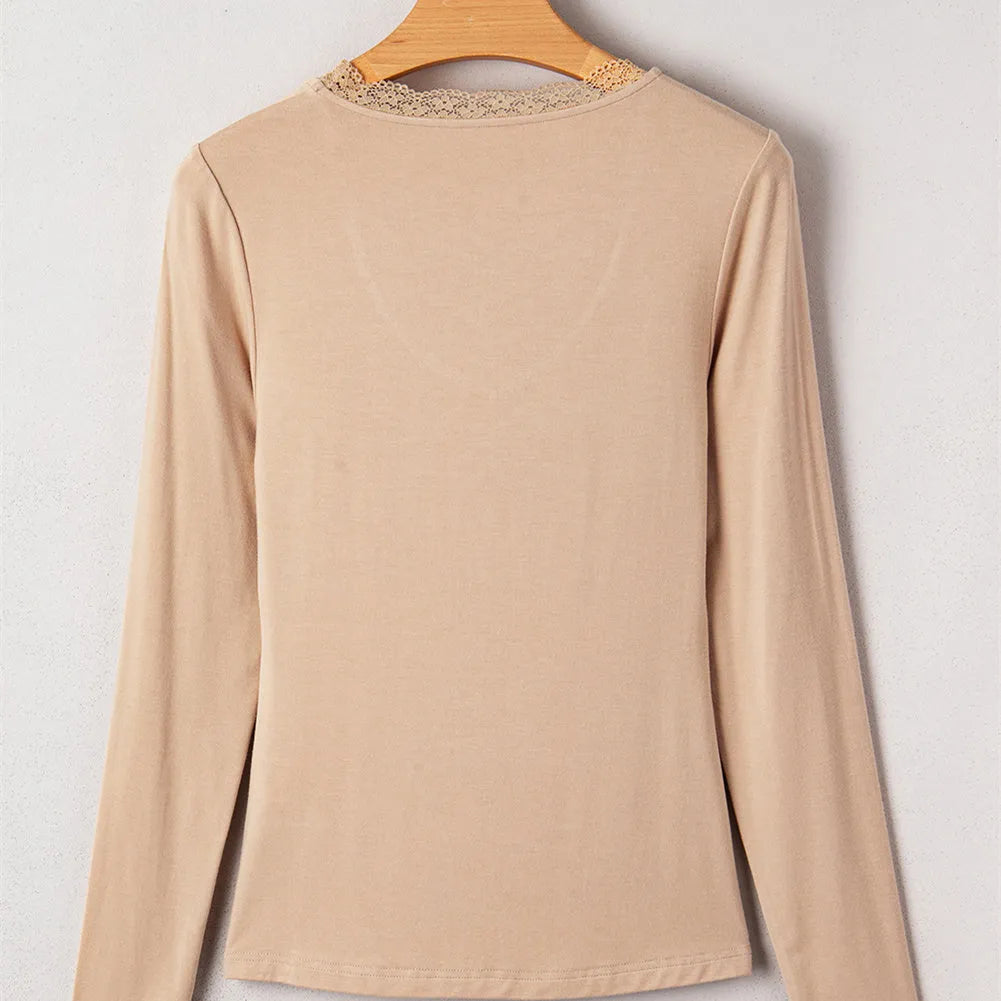 Women's solid colour long sleeve casual top with lace trim detail in slim fit design