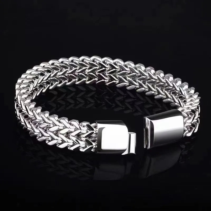 Geometric titanium steel men's bracelet in silver with hip hop styling front and back view