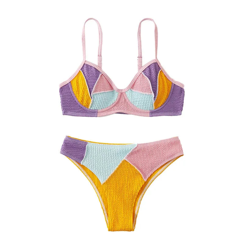 Ladies steel bracket push-up bikini set with stitching detail and matching shorts in colour matching design