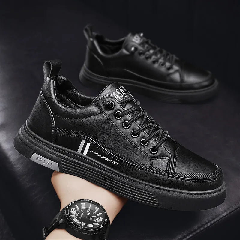 Men's white and black microfiber skateboard shoes with elastic band closure and rubber sole