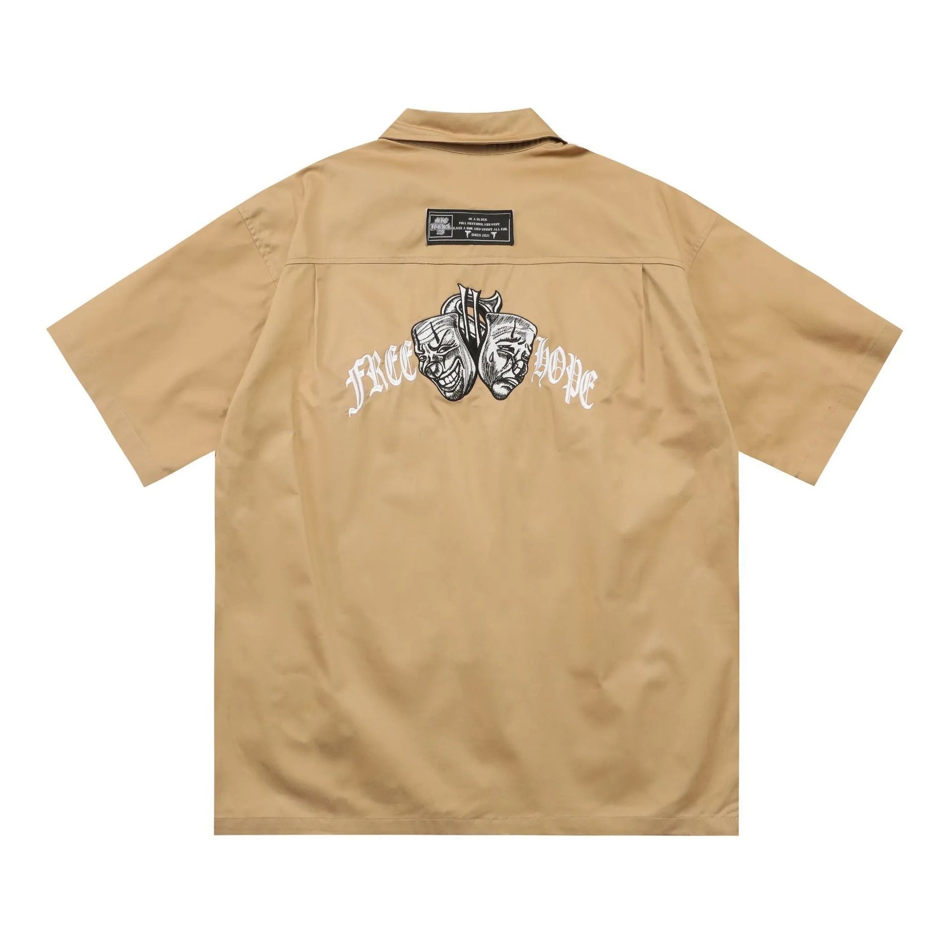 Men's loose fit black embroidered half-sleeve work shirt on a hanger.