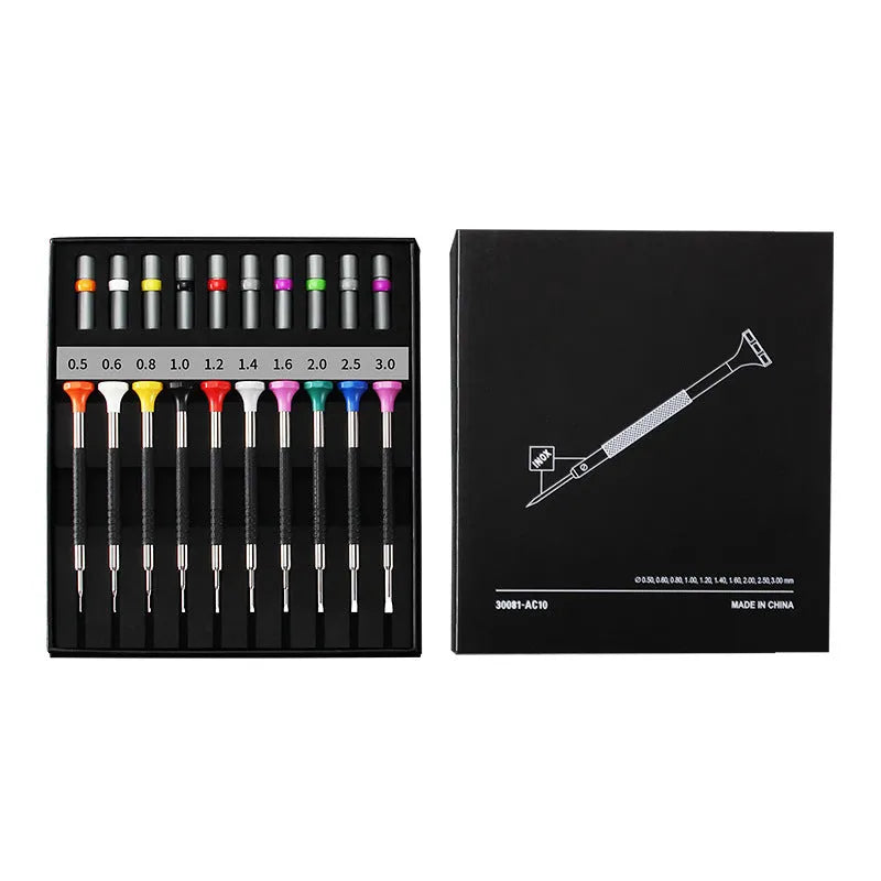 Boxed set of 10 manual screwdrivers and spare bits for watch and glasses repair.
