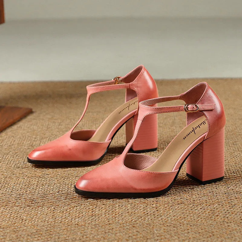 Women's retro Mary Jane shoes with pointed toe, hollow design and buckle fastening in pink or dark brown.