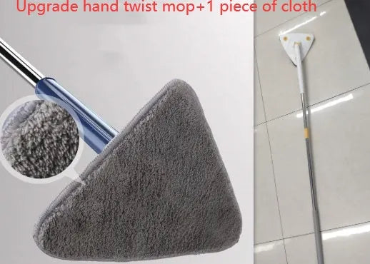 Extendable triangle mop with rotating blue head and stainless steel pole for cleaning corners and walls