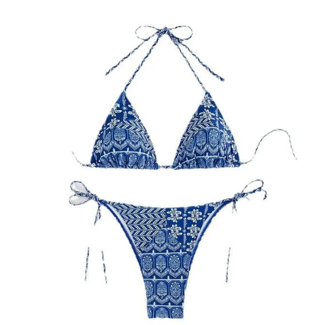 Women's split bikini swimsuit with bandage stitching in polyester fabric