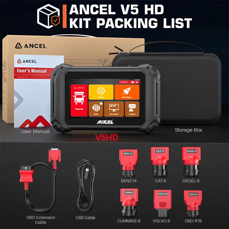 V5HD diesel truck diagnostic tool in black with power plug set including EU UK and US options on a white background