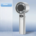 Handheld USB fan showing 120-speed control, brushless motor, and available in green, khaki, silver, or white colours