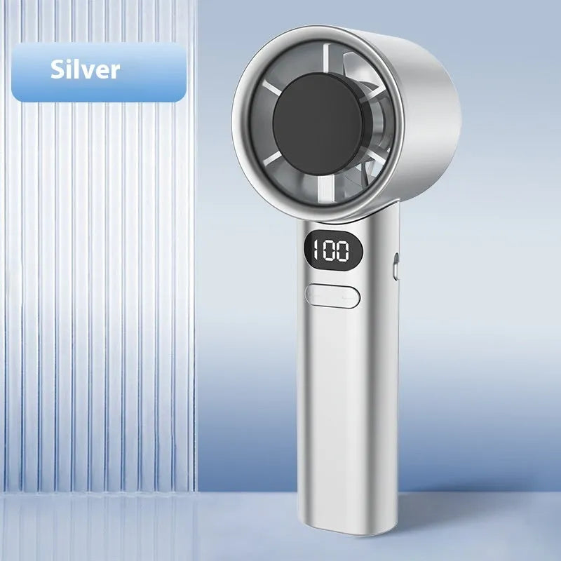 Handheld USB fan showing 120-speed control, brushless motor, and available in green, khaki, silver, or white colours