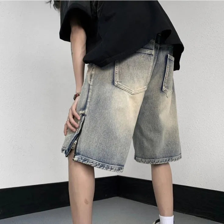 Blue retro tattered denim shorts with wide leg loose fit for women