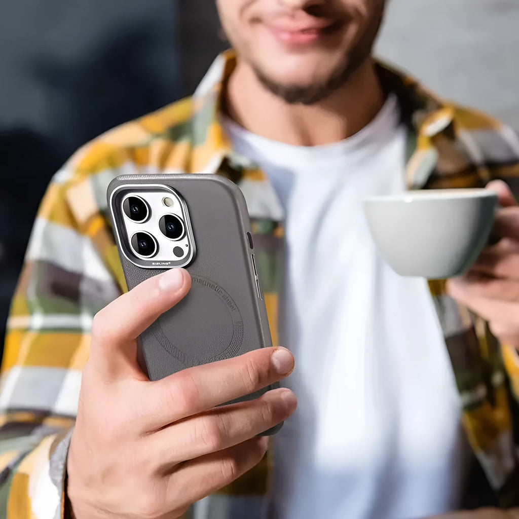 Black leather magnetic phone case for iPhone with fall protection and all-inclusive design
