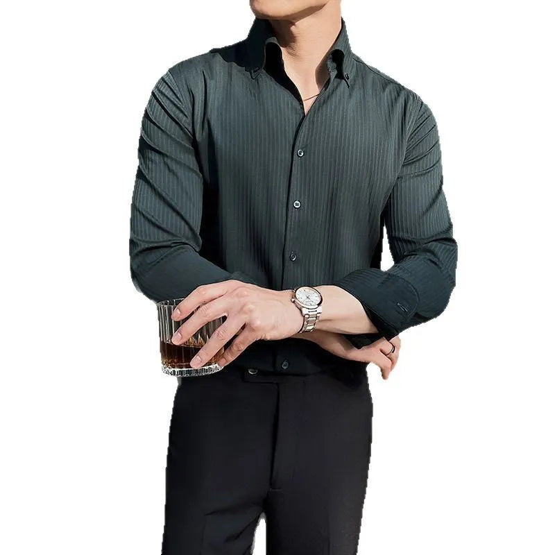 Men's dark striped long sleeve V-neck casual shirt in cardigan style